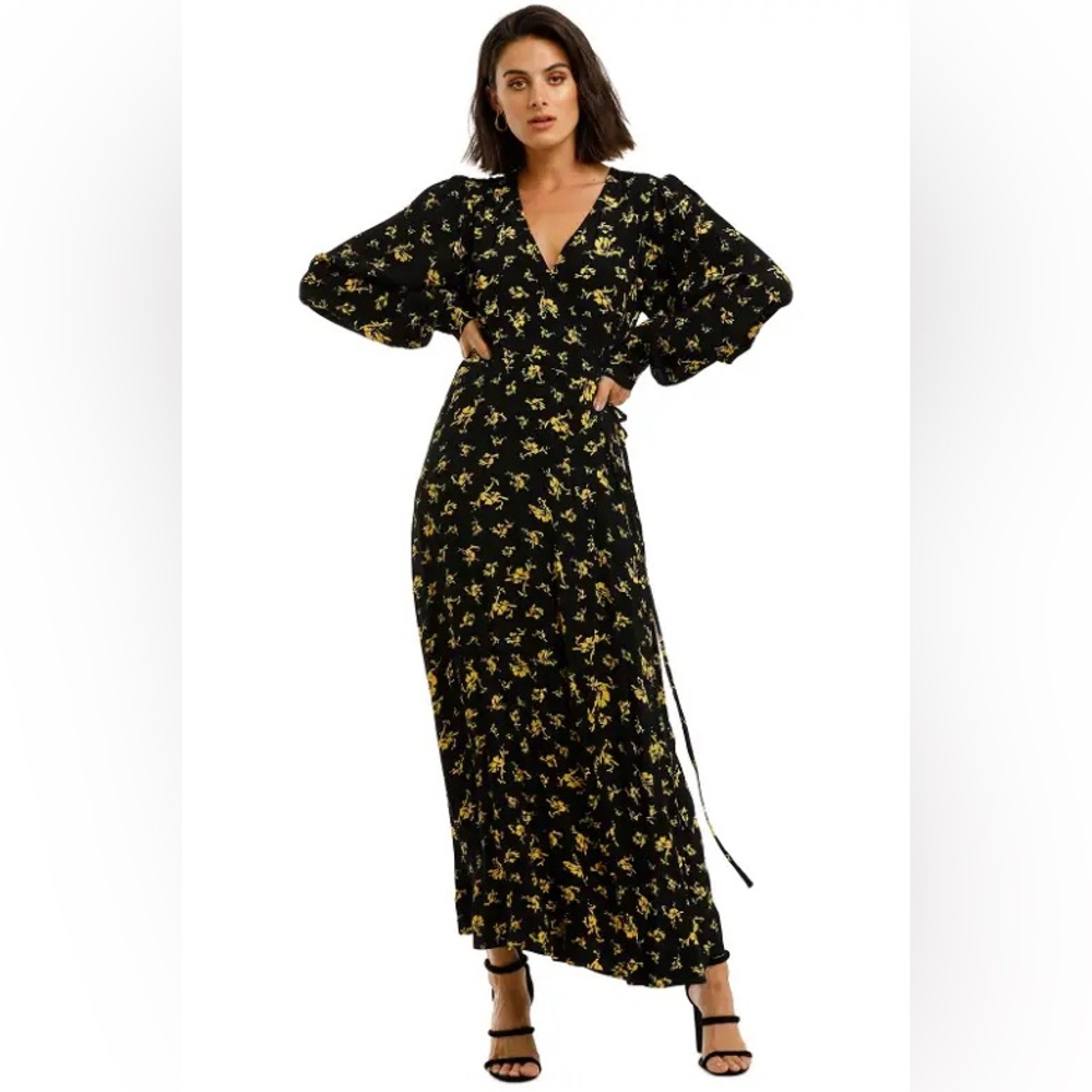 Ganni Black Floral Wrap Maxi Dress with Yellow Print
